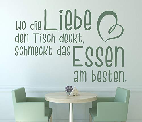 timalo® Modernes Wandtattoo fürs Wohnzimmer Küche Spruch Essen – Wo die Liebe den Tisch deckt | 11009-Dunkelgruen-G-150x93