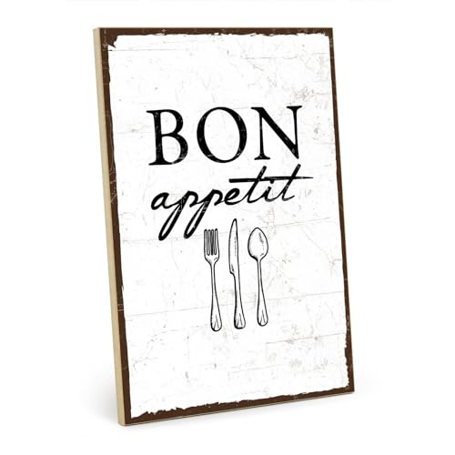 TypeStoff Holzschild mit Spruch – Bon Appetit – im Vintage-Look mit Zitat als Geschenk und Dekoration zum Thema Küche, Kochen und Essen - HS-00124