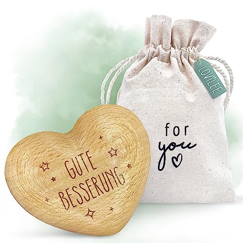 LOViLEE® Handschmeichler, Gute Besserung – Holz-Herz inkl. extra Geschenkbeutel und Grußkartenset – Glücksbringer, Glücksstein, Geschenk und Mutmacher für Familie und Freunde